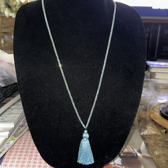 Loft long ice blue crystal necklace with blue tassel center piece - Picture 3 of 15